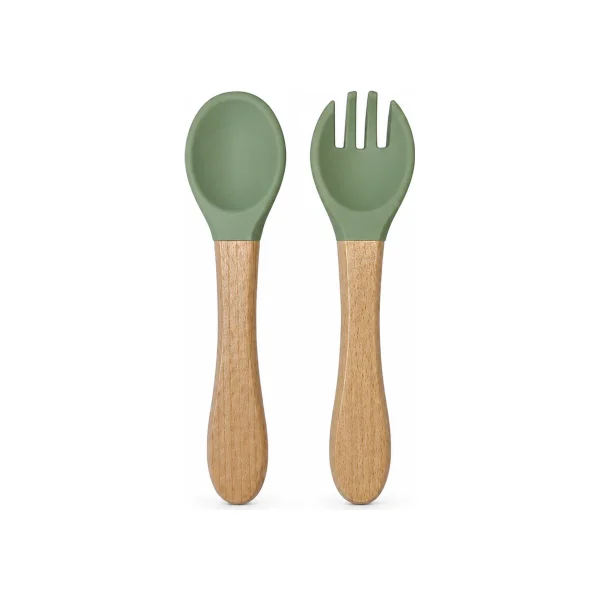 Silicone Baby Spoon & Fork Set with Wood Handles
